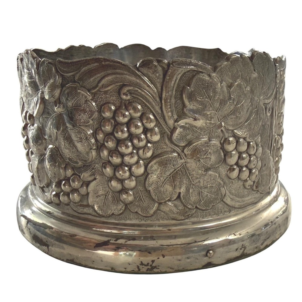 Vintage Silverplate Wine Bottle Coaster Wood Lined Grape Vine Japan Holder - Picture 5 of 11